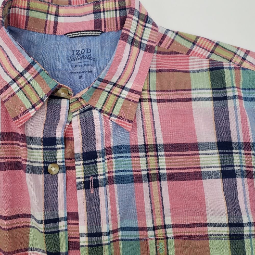 Izod Saltwater Relaxed Classics Plaid Button Casual Pink Shirt Size Medium - Picture 3 of 4